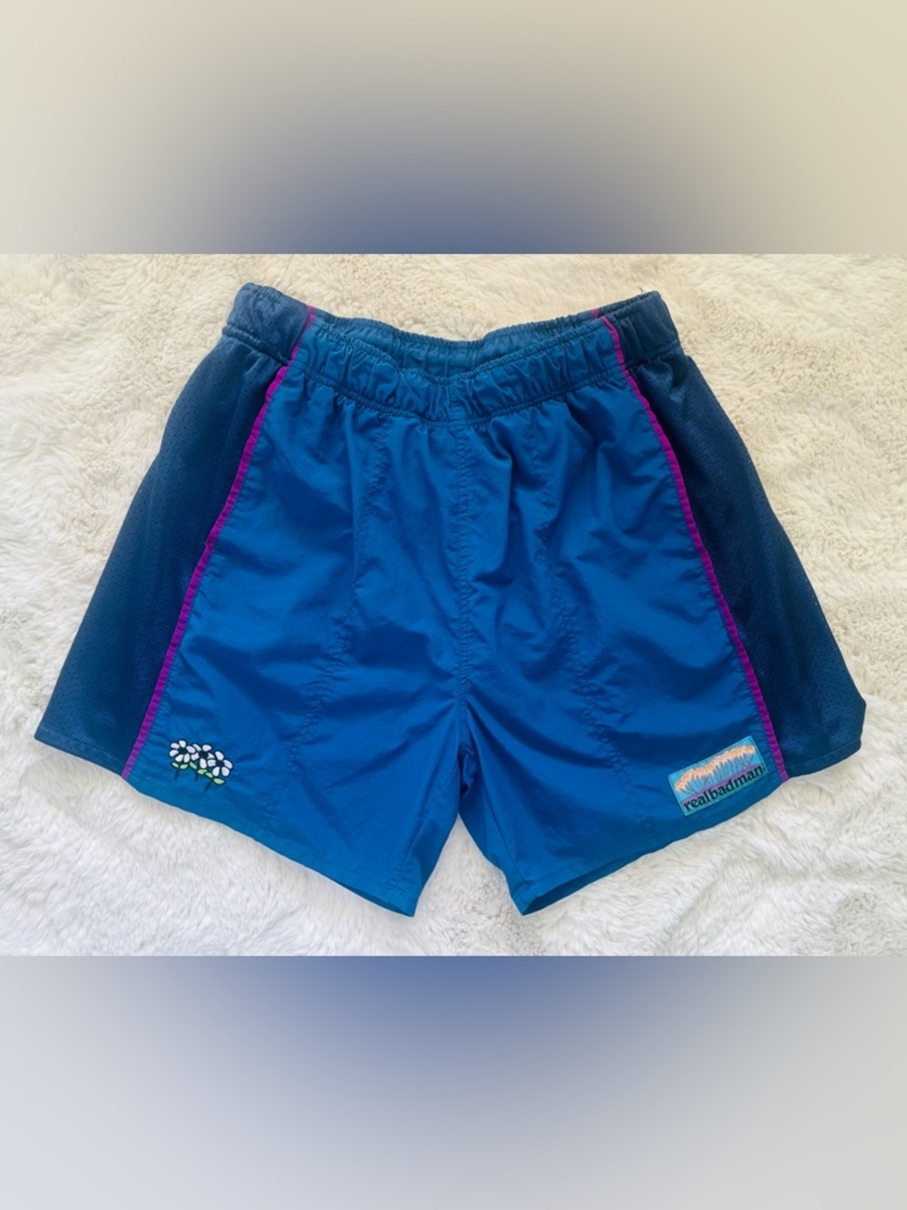 Real Bad Man Blue Paradise Shorts Swim Trunks with Flower Patch  Size: Large